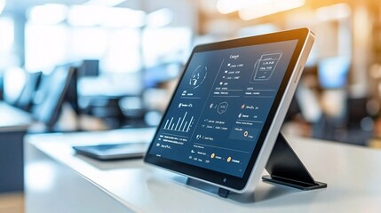 A modern tablet displaying data analytics on a tabletop in an office environment, emphasizing technology and information.