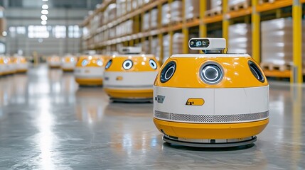 Autonomous robots in a modern warehouse, designed for efficient materials handling and logistics, showcasing automation technology.