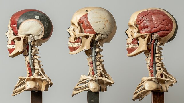 Three anatomical views of a human skull and neck model showcasing muscle layers.