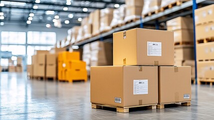 A warehouse filled with stacked cardboard boxes, showcasing an organized and efficient storage environment.