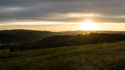 Sunset from Panský kopec in the Orlické Mountains and a view of the Czech landscape.