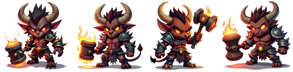 Four variations of a bull-like creature with horns, red eyes, and a fiery hammer. The creature has a fierce, intimidating expression and is wearing armor. The style is cartoonish and cute