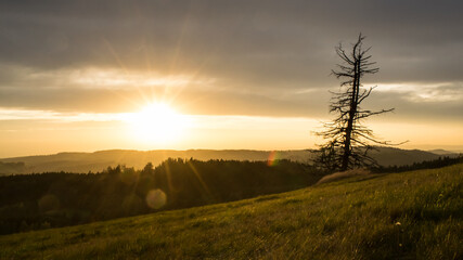 Sunset from Panský kopec in the Orlické Mountains and a view of the Czech landscape.