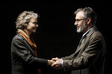 An elderly couple holds hands, exchanging a gaze filled with mutual respect and warmth, as they celebrate happiness, connection, and supportive companionship in their relationship.