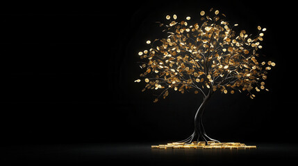 symbolic financial tree with golden leaves representing wealth and prosperity, set against dark background. tree branches are adorned with coins, emphasizing theme of asset diversification