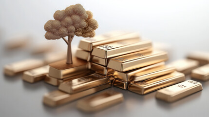 Stylized financial tree growing on gold bars, symbolizing wealth and prosperity. This artistic representation highlights connection between nature and finance