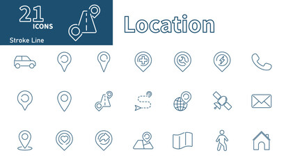 Location icon. Collection of thin line vector icons on the theme of contact, location information, pin, map, GPS satellite.