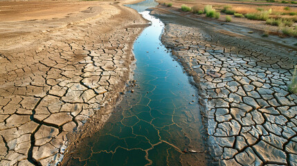 Lake and rugged desolate texture that captures the essence of arid landscapes and the harshness of drought conditions. Cracked dry earth