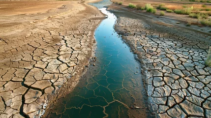 Gordijnen Lake and rugged desolate texture that captures the essence of arid landscapes and the harshness of drought conditions. Cracked dry earth © Valeriia