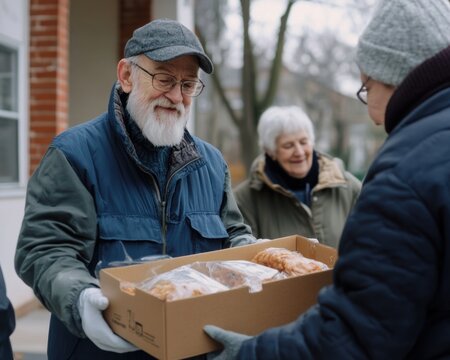 Volunteers delivering hot meals to elderly individuals, promoting care, community support, and kindness