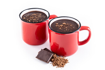 Hot chocolate drink in red mug isolated on white background