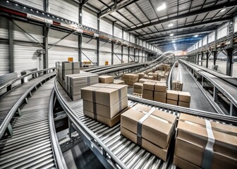 Fototapeta premium Boxes on a Conveyor Belt in a Warehouse with High Dynamic Range for Industrial Logistics and Supply Chain