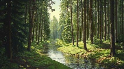 Obraz premium Forest stream under sunlit canopy.