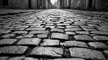 Close-up view of cobblestone street, highlighting textured pavement in black and white.