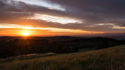Sunset from Panský kopec in the Orlické Mountains and a view of the Czech landscape.