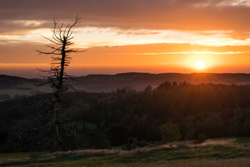 Sunset from Panský kopec in the Orlické Mountains and a view of the Czech landscape.