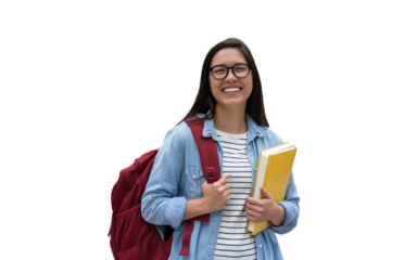 Excited university student woman with backpack and book in hand, smiling and ready for her study abroad adventure. Ideal for education, travel, and youth lifestyle themes.