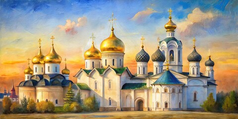 Golden Domes and Blue Skies An Oil Painting of a Russian Orthodox Church at Sunset