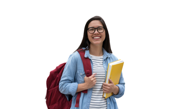 Excited university student woman with backpack and book in hand, smiling and ready for her study abroad adventure. Ideal for education, travel, and youth lifestyle themes.