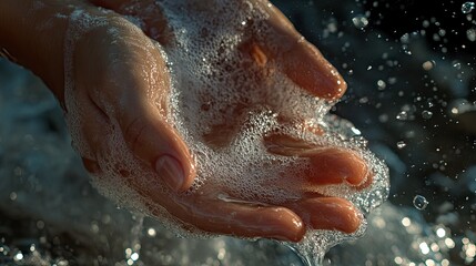 Fototapeta premium Thick soap lather covering hands rubbing together, water flowing gently as bubbles form, clean and bright background.