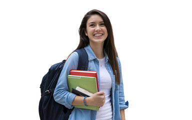 Excited university student woman with backpack and book in hand, smiling and ready for her study abroad adventure. Ideal for education, travel, and youth lifestyle themes.