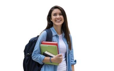 Excited university student woman with backpack and book in hand, smiling and ready for her study abroad adventure. Ideal for education, travel, and youth lifestyle themes.