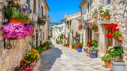 A cobblestone street lined with colorful flowers in a picturesque European village.