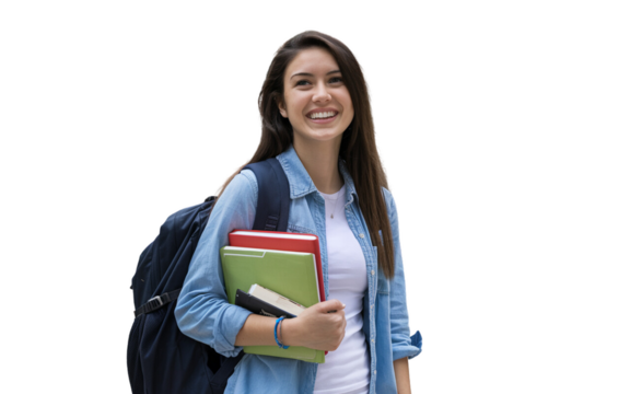 Excited university student woman with backpack and book in hand, smiling and ready for her study abroad adventure. Ideal for education, travel, and youth lifestyle themes.