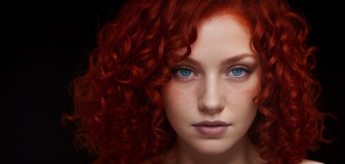 Fototapeta premium Vibrant red curly hair and captivating blue eyes in dramatic portrait