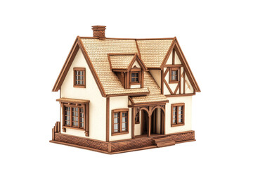 A detailed model of a charming house with wooden accents on a white isolated background.