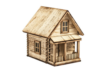 A detailed wooden house model with a porch, showcasing craftsmanship, isolated on a white background.