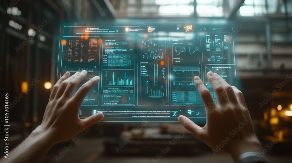 Poster engineer using futuristic transparent screen displaying data in industrial environment