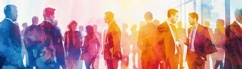 Illustrate a dynamic side view scene showcasing an array of illustrated professionals engaging in a lively discussion at a bustling recruitment fair Utilize vibrant watercolor effe