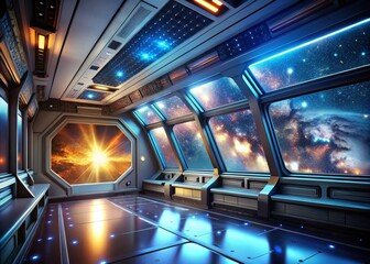 Obraz premium Bright Spaceship Interior with Dark Window View | Sci-Fi Atmosphere, Futuristic Design, and Long Exposure Effects