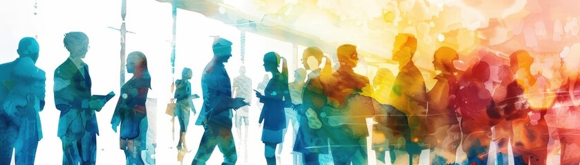 Illustrate a dynamic side view scene showcasing an array of illustrated professionals engaging in a lively discussion at a bustling recruitment fair Utilize vibrant watercolor effe