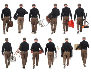 back view of the same man walking carrying various objects from his house, house moving concept