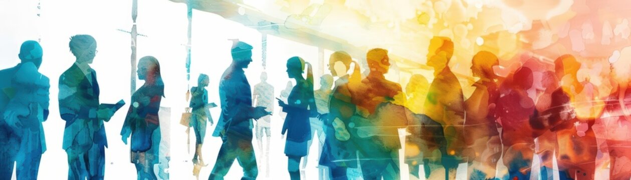 Illustrate a dynamic side view scene showcasing an array of illustrated professionals engaging in a lively discussion at a bustling recruitment fair Utilize vibrant watercolor effe