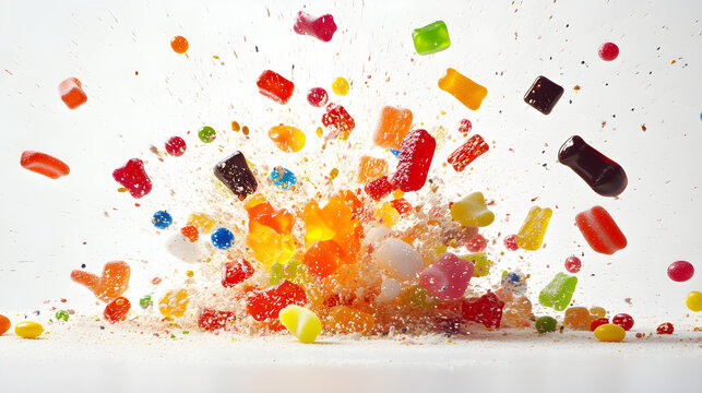 Various types of candy bursting out in a controlled explosion, with sharp shadows
