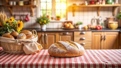 There are loaves of freshly baked bread on the kitchen table in the foreground.	