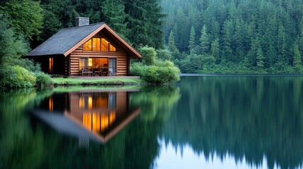 Fototapeta premium Tranquil Cabin by a Lake with Stunning Northern Lights Reflection