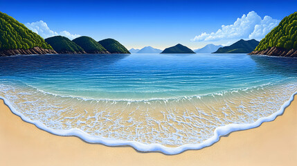 A picturesque beach scene with turquoise water lapping the shore and verdant mountains in the distance.