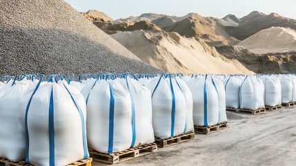 White bulk bags storing construction aggregates in a quarry