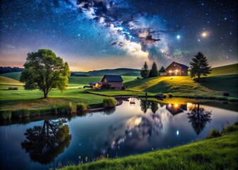 Fototapeta premium Bucolic Night Photography: Serene Countryside Landscapes Under Starry Skies