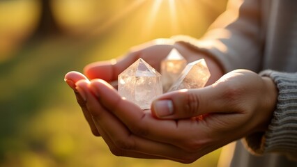 Hands holding crystal pyramid at sunrise in nature setting