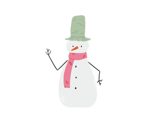 Cute snowman drawn in flat style. Winter, holidays, snow. Hand drawn vector illustration.