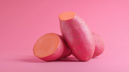 Whole and sliced sweet potato with visible rich orange flesh, isolated on a clean background, emphasizing freshness.