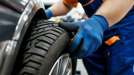 Obraz premium Auto repair worker works with a car wheel. Tire service. Car repair and maintenance. Seasonal replacement of car tires
