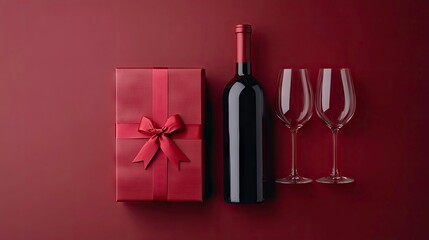 A romantic Valentine's Day flat lay with wine, two glasses, and a gift box against a rich red background for heartfelt celebrations