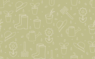 Garden items. White outline drawing on a green background. Seamless pattern, isolated. Vector background for paper, cover, textile, decor.