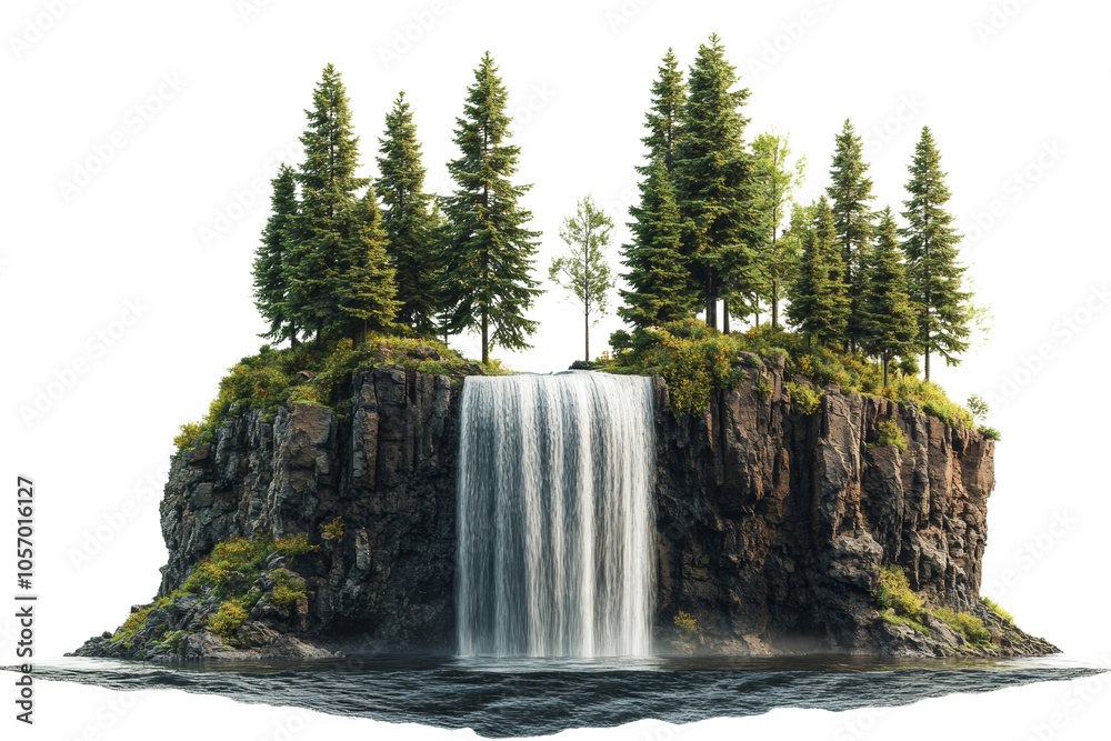 Poster a serene waterfall cascading down rocks, surrounded by lush green trees, creating a tranquil natural